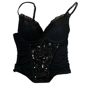 Y2K Vintage Body Rage Women's Black Sequin Corset Bustier Straps Size S Gothic